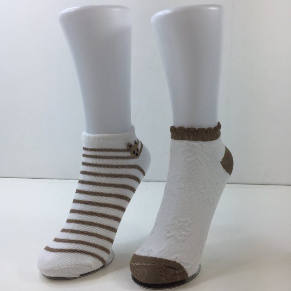 Set 2 Womens Striped Floral Ankle Socks Cute Teddy Bear Brown White